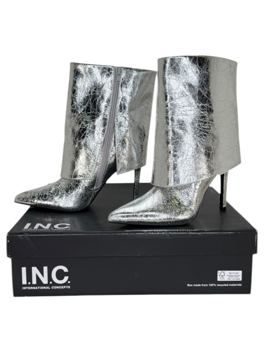 INC Sabeel Silver Patent Leather Cuff Heeled Womens Boots Size 8.5M - Picture 1 of 14